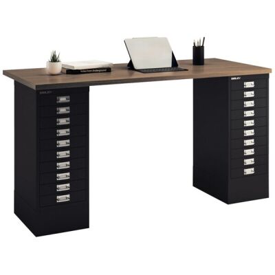 Home Office Arbeitsplatz, schwarz, Tischplatte MultiDesk, Walnuß, Multidrawer 10 Schübe, Hoher Sockel