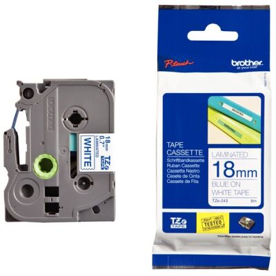 Schriftbandkassette TZE243, laminiert, 18mm breit/8m lang, blau auf weiß.