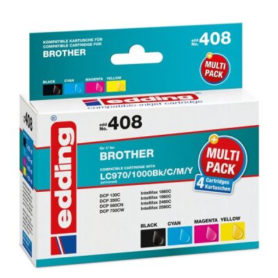 Edding Druckerpatrone 408 MultiPack 4 Stück Brother LC970 farbig, Ersetzt: Brother LC970BK/LC970M/LC970Y/LC1000BK/LC1000C/LE1000M/LC1000Y