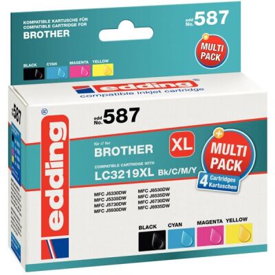 edding Tinte 587, Miltipack, ersetzt Brother LC3219XLBK/C/M/Y, Inhalt: 1x 68 ml + 3x 17 ml