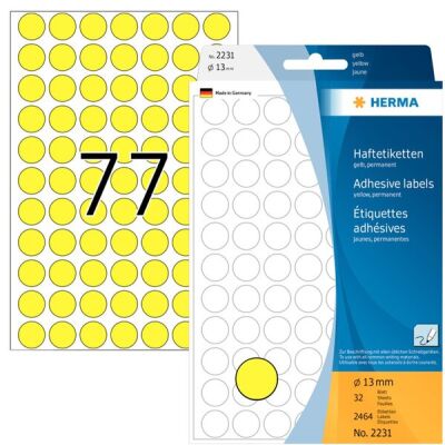 Markierungspunkte Ø 13 mm, gelb, 2.464 Etiketten, permanent haftend, für Handbeschriftung, Packung à 32 Blatt