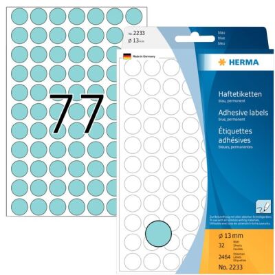 Markierungspunkte Ø 13 mm, blau, 2.464 Etiketten, permanent haftend, für Handbeschriftung, Packung à 32 Blatt