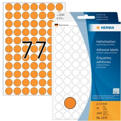 Markierungspunkte Ø 13 mm, leuchtorange, 1.848 Etiketten, permanent haftend, für Handbeschriftung, Packung à 24 Blatt