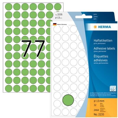 Markierungspunkte Ø 13 mm, grün, 2.464 Etiketten, permanent haftend, für Handbeschriftung, Packung à 32 Blatt