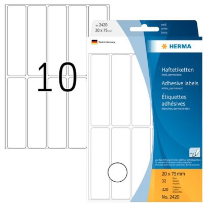 Vielzwecketiketten 20 x 75 mm, 320 Etiketten, weiß, permanent haftend, für Handbeschriftung, Packung à 32 Blatt