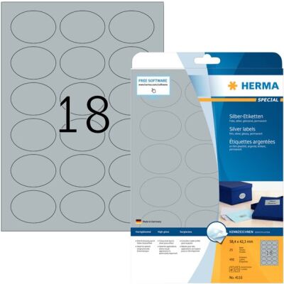 Silberfarbene Folien-Etiketten 58,4 x 42,3 mm, 450 Etiketten, oval, glänzend, wetterfest, Packung à 25 Blatt