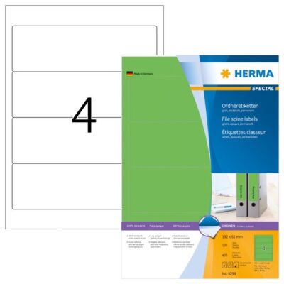 Ordneretiketten 192 x 61 mm, 400 Etiketten, grün, permanent haftend, für breite Ordner (kurz), Packung à 100 Blatt