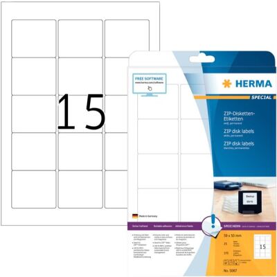 ZIP-Disk-Etiketten 59 x 50 mm, 375 Etiketten, weiß, permanent haftend, für Laser-, Farblaser-, Inkjetdrucker, Kopierer, Packung à 25 Blatt