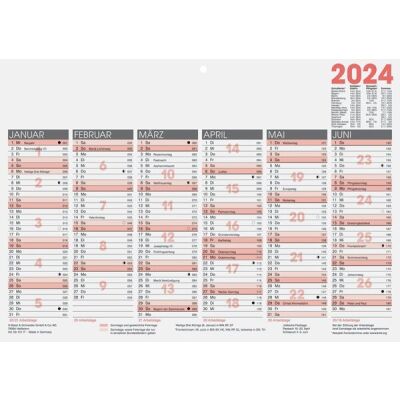 Tafelkalender, DIN A4 quer, 1 Seite = 6 Monate, zweifarbiger Druck, Karton, mit Tageszählung und Ferienterminen