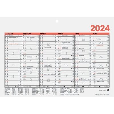 Tafelkalender, DIN A5 quer, 1 Seite = 6 Monate, mit Lochbohrung zum Aufhängen, Karton, mit Tageszählung und Ferienterminen, schwarz/rot