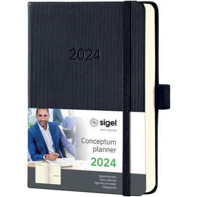 Tageskalender Conceptum 2024, 1 Tag / 1 Seite, ca. DIN A6, schwarz, Hardcover, 400 Seiten, Gummibandverschluss Stiftschlaufe