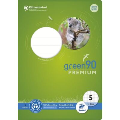 Green Schulheft Lin5, DIN A5, 16 Blatt, 90 g/qm, 5 mm, kariert