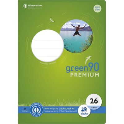 Green Schulheft Lin26, DIN A4, 16 Blatt, 90 g/qm, 5 mm, kariert, mit Rand